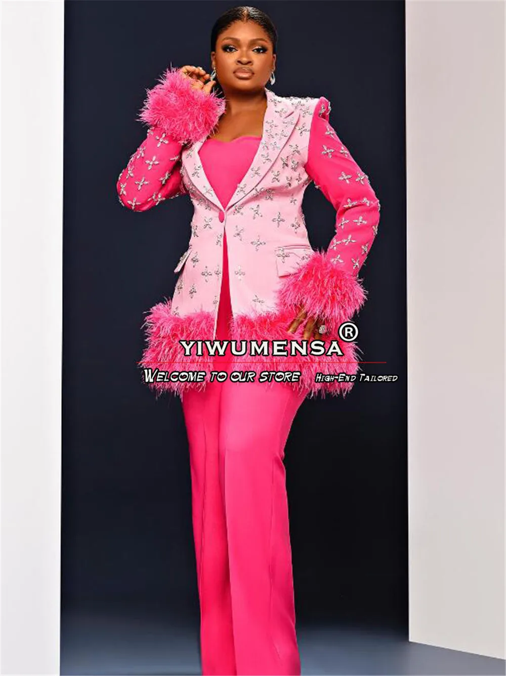 Women Pink Suits Crystals Gemstone Beaded Blazer Pants 2 Pcs Formal Prom Blazer With Feather Custom Made Mother Of Bride Dresses