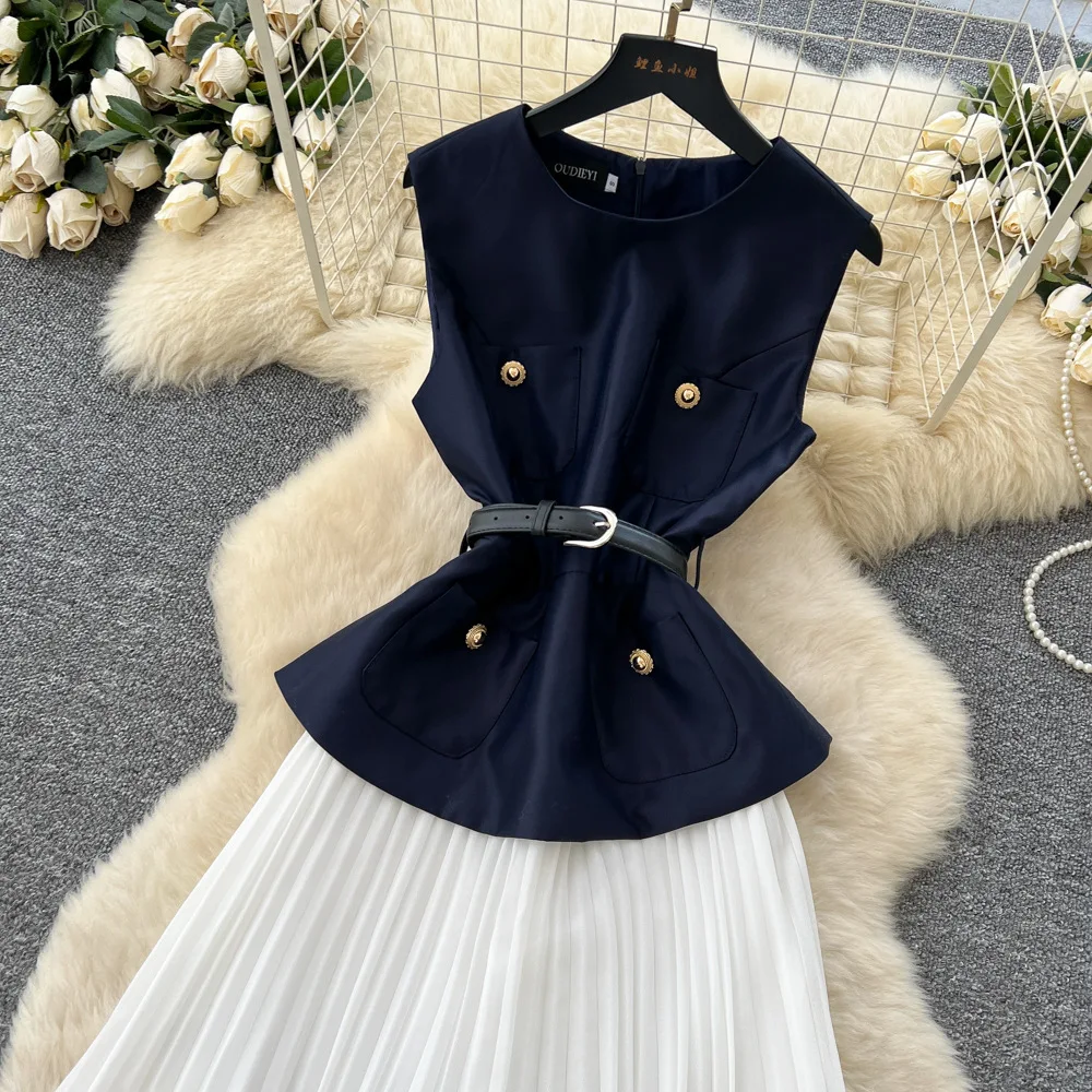 レディース プリーツワンピース Aライン ベルト付きワンピース アンクル丈 ノースリーブ Oネック バックジッパー スリムフィット カジュアル エレガント 2025 夏