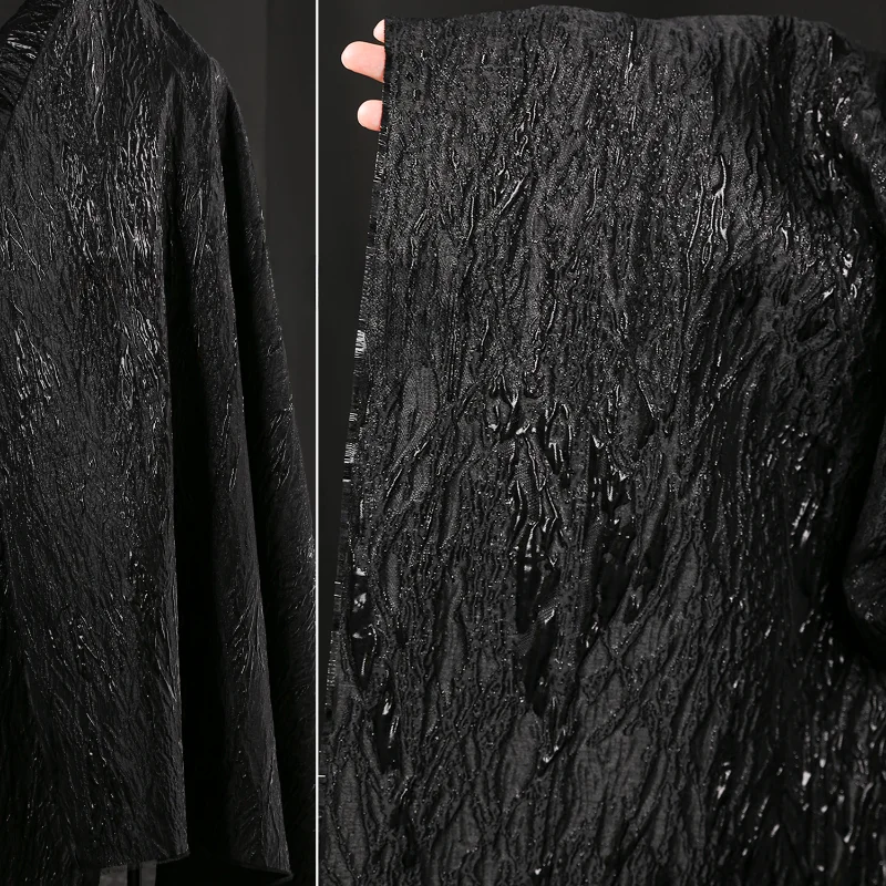 Pure Black Undulating Vein Gilded Jacquard Fabric Texture Gloss Stiff Jacket Creative Clothing Designer Fabric