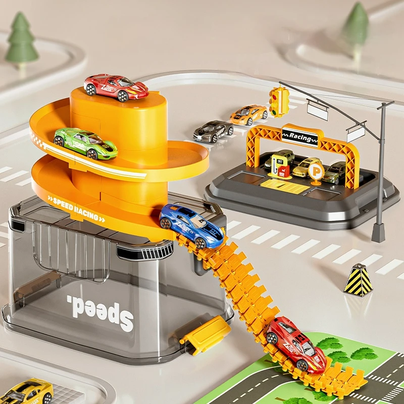 Children's Track Toy Car with Storage Box&Map Alloy Car Parking Lot Assembly Racing Rail Car Toy Kids Educational Toys Boy Gifts