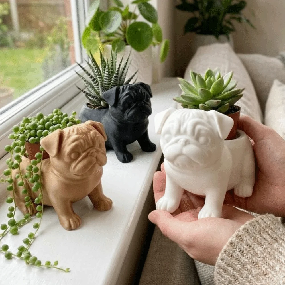 3D Printed Pug Shaped Planter Pot Plastic Funny Dog Succulent Planter Minimalist Handmade Pug Figurine Plant Holder