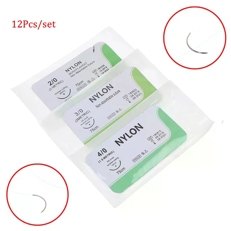 

12 шт., 75 см, 2/0, 3/0, 4/0, 5/0, медицинская игла для наложения швов, нейлоновая полиэфирная нить, набор для наложения швов, обучающие демонстрационные упражнения