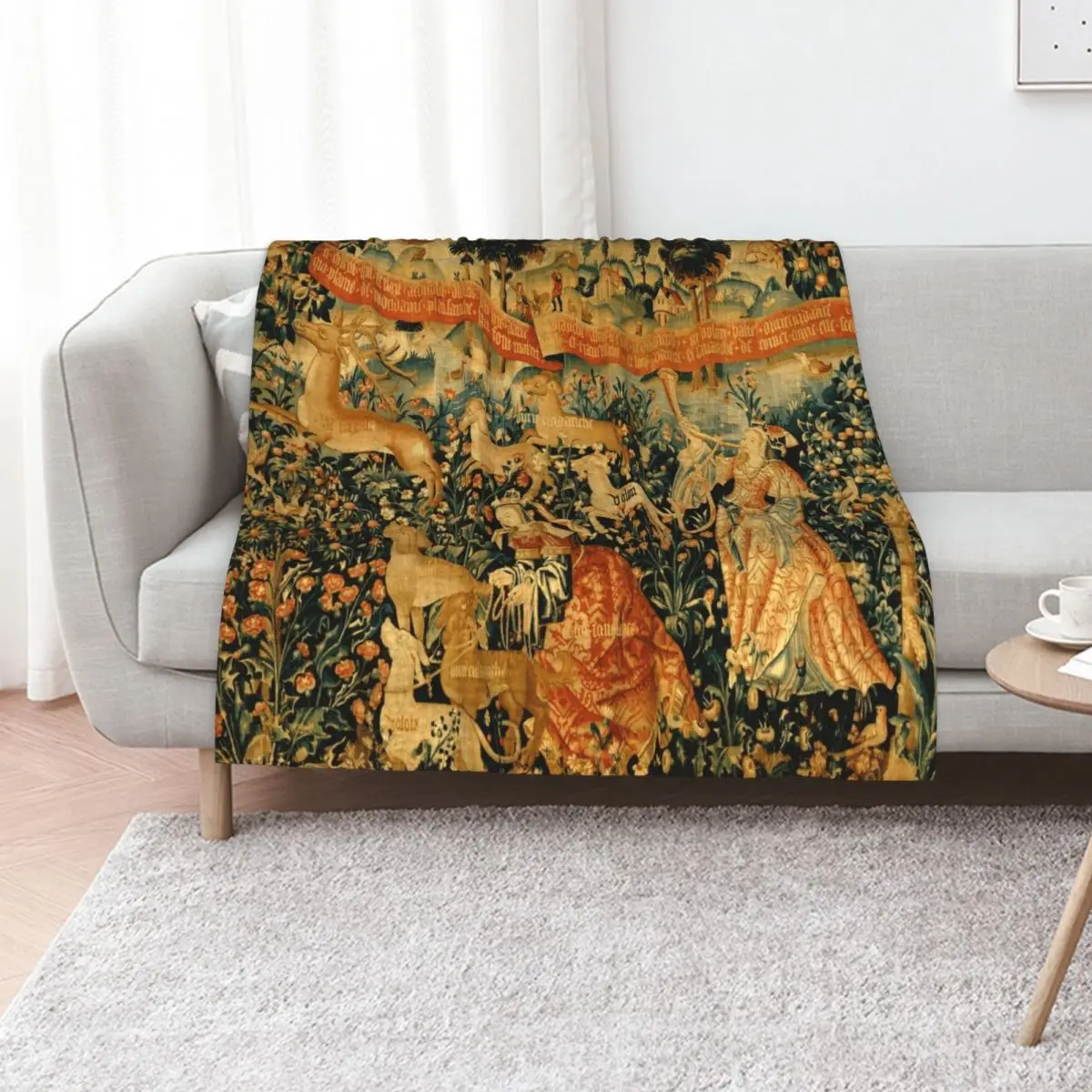 مشهد صيد الغزلان في العصور الوسطى مع السيدات والكلاب العتيقة نسيج رمي بطانية التخييم لبطانيات المعزي رقيقة أريكة #1