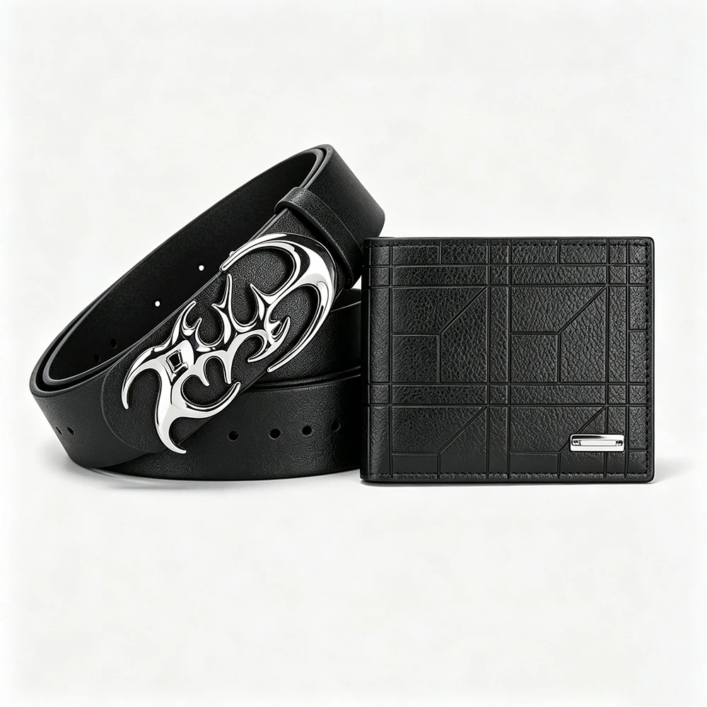 2pcs High Quality Men's Geometric Smooth Buckle Belt Retro Men's Belt Wallet Set Trendy Men's Birthday Gift Wholesale
