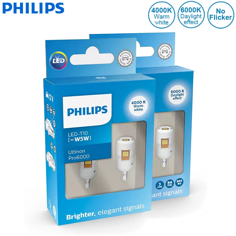 

Philips LED T10 W5W Ultinon Pro6000 4000K 6000K White Bright Car Interior Lamps Turn Signal No Flash Flickering Error Free, Pair