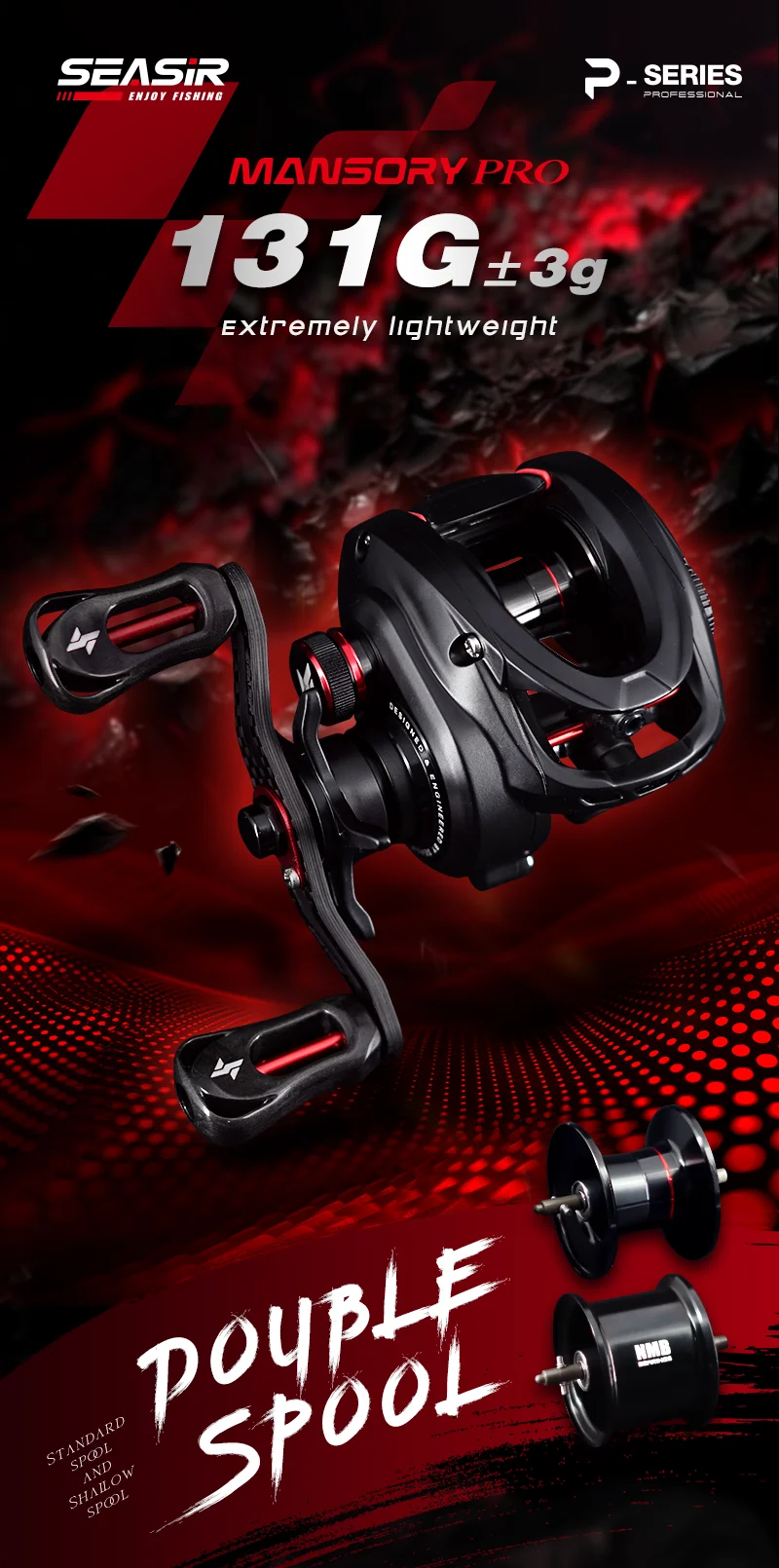 SEASIR MANSORY PRO Baitcasting-Angelrolle Ultraleicht Kohlefaser 131g Doppelspulen 7+1 BB 7,1:1/8,1:1 Übersetzungsverhältnis Max. Bremskraft 5kg – Detail 1