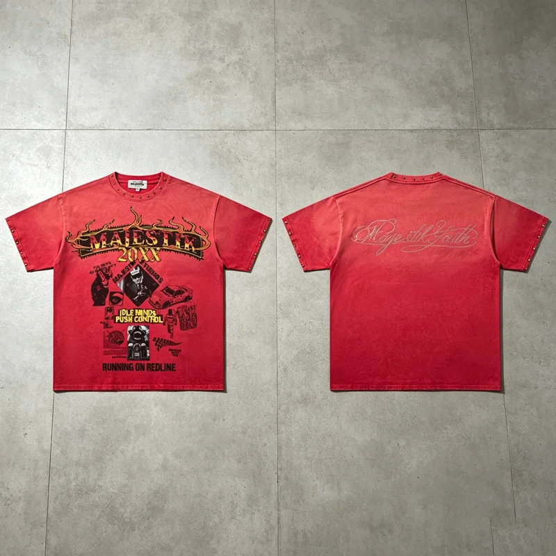 Retro Washed Red Majestik Short Sleeved Tops Distressed Frayed Edge Heavy Duty Embellished Diamonds Trend MAJESTIK T-shirts