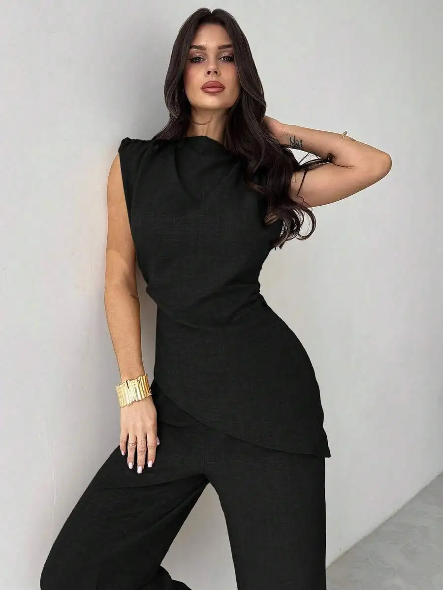 

Sleeveless Asymmetric Ruched Waist Blouse And Wide Leg Pants Set Black Casual Business Outfit