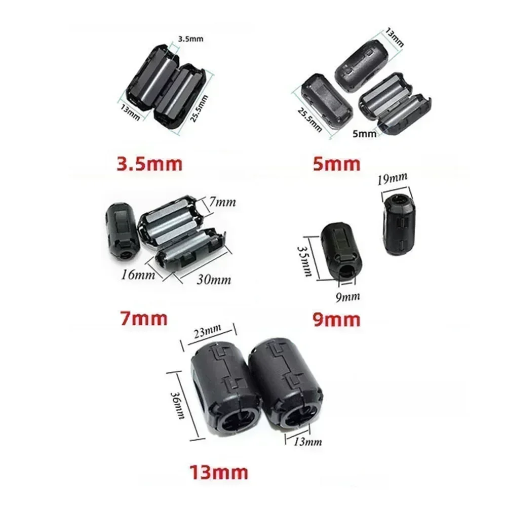 5 peças 3.5/5/7/9/13mm núcleo de ferrite supressor de ruído filtro anel braçadeira de cabo rfi para cabos para cabo de alimentação de áudio e vídeo