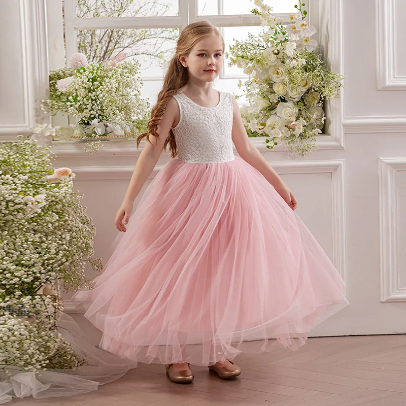 

Flower Girls Embroidery Lace V Back Tulle Princess Dress For Children Birthday Party Pageant Wedding Prom First Communion Gown