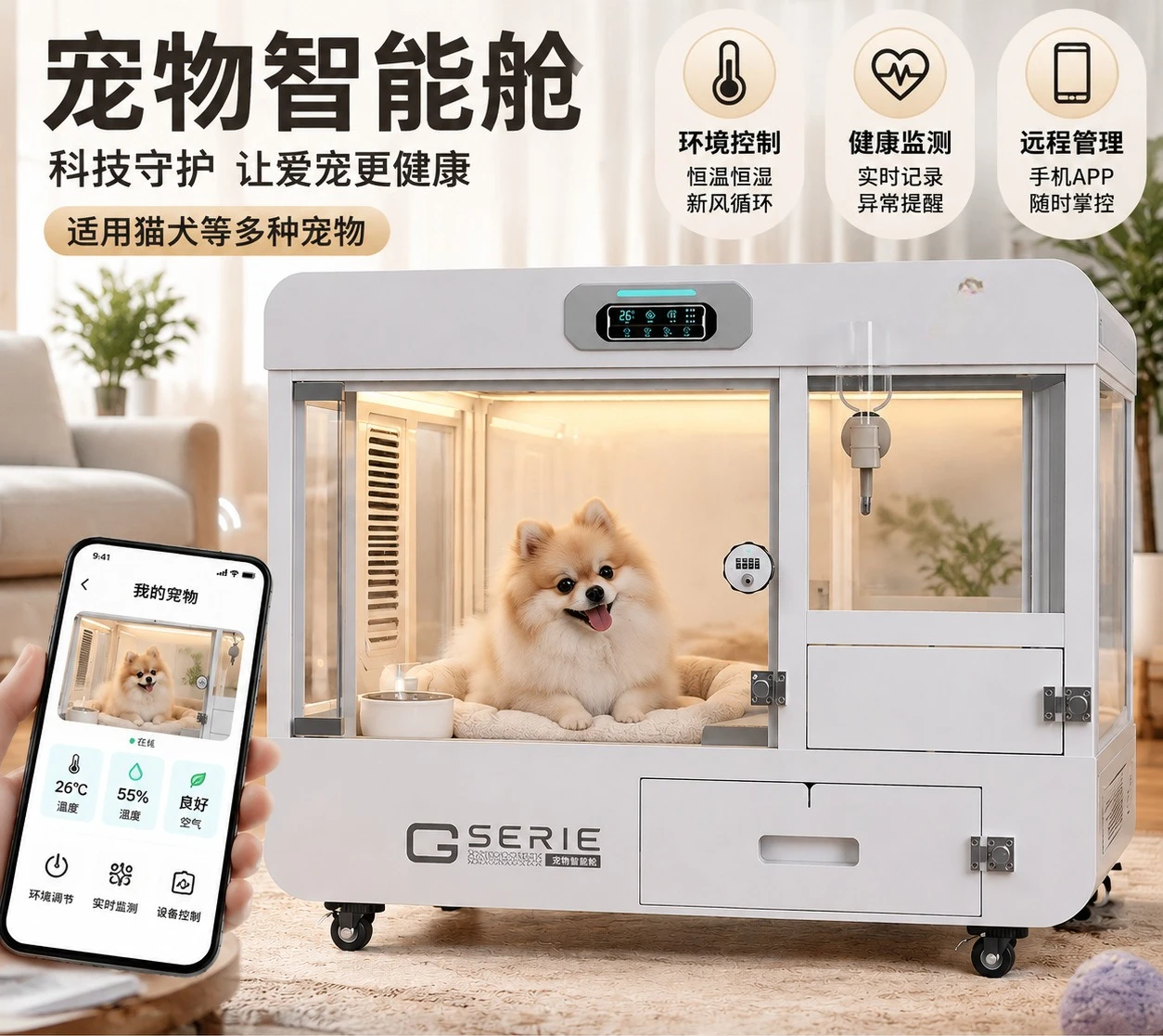 Pet smart cabin, shopping mall adoption cat and dog smart nest, environmental control, health monitoring