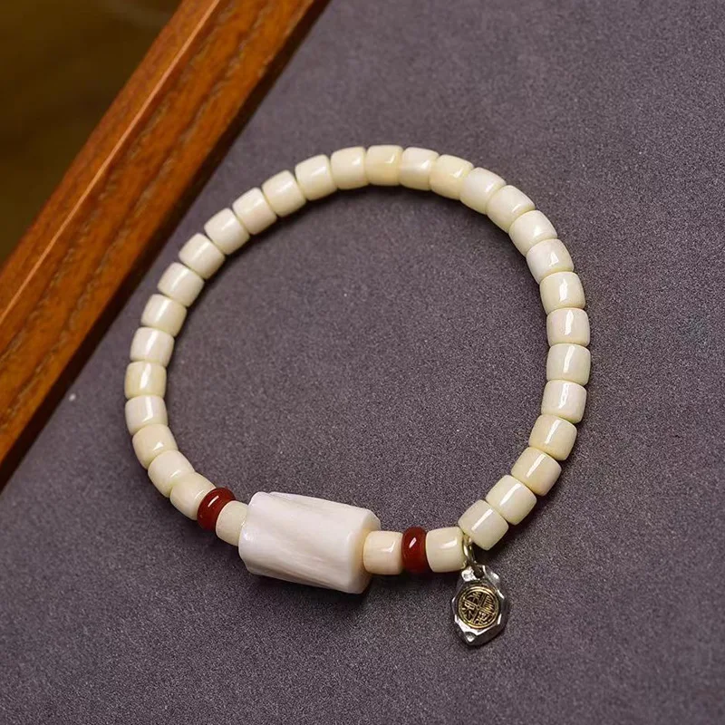 

Natural recycled bone barrel , single-loop Tibetan-style Buddhist bead bracelet with Yanyuan agate, glass, and mala