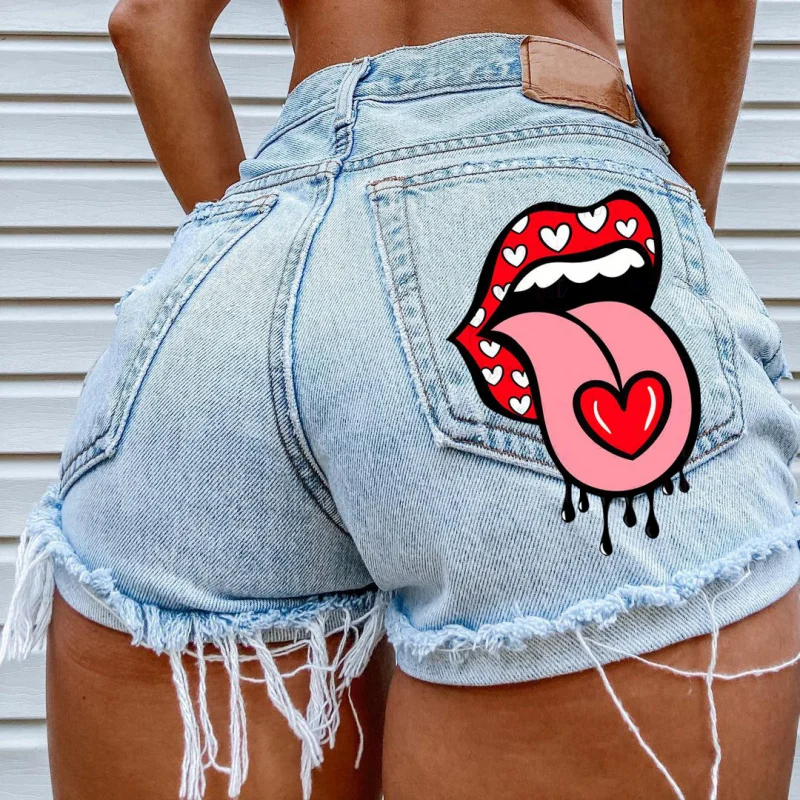 Summer 2026 Sexy Style Girls Fashion Spring Printed Denim Shorts with Piercing Tassels High Waist Wide Leg Casual Shorts