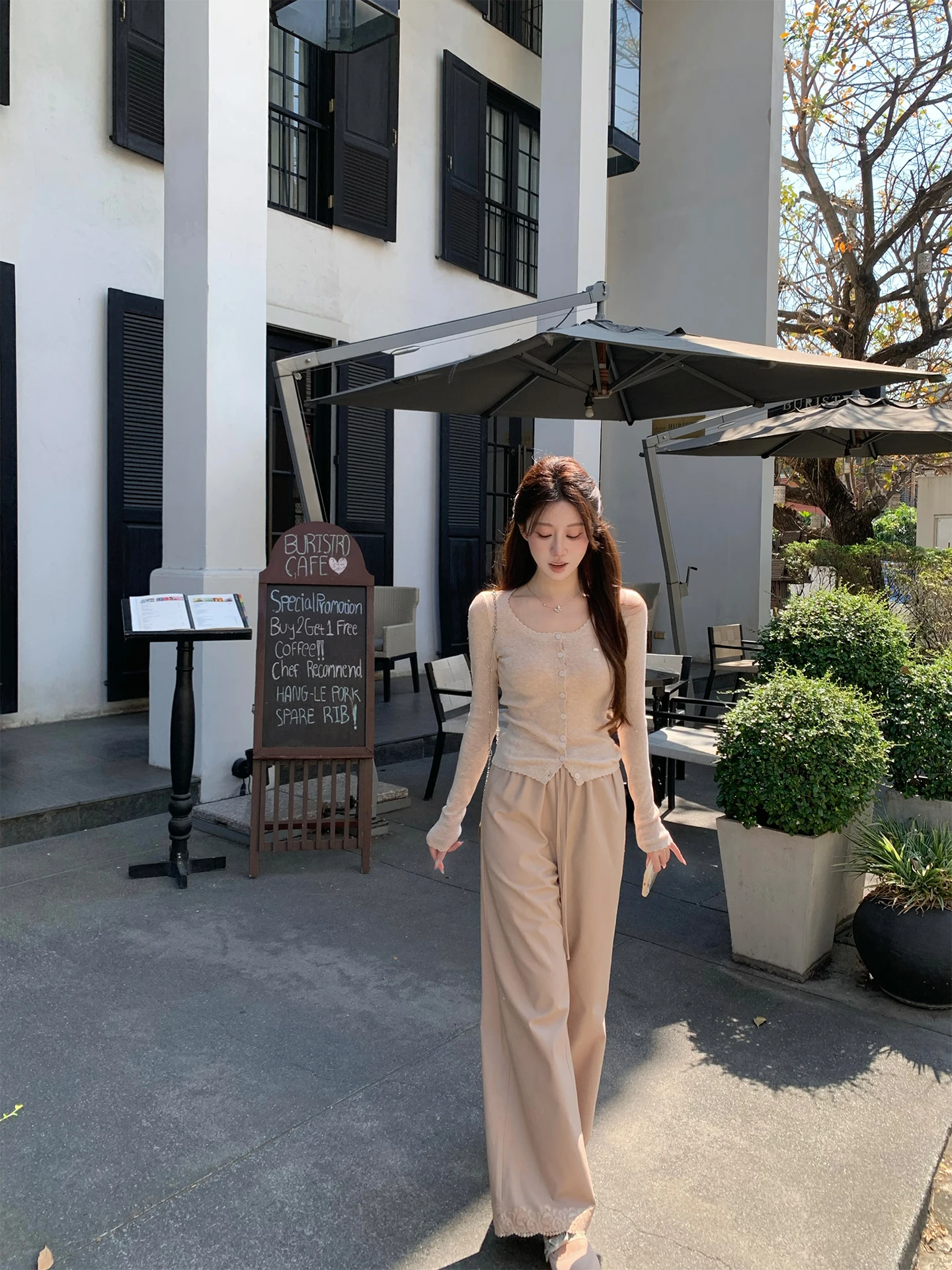 

Cute Ja Mosan Art Studio Two Tone Cotton Linen Belted Casual Pants Long Lace Trim Splicing Straight Leg Wide Leg Pants