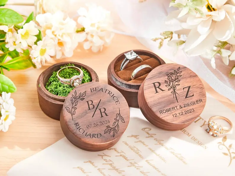 

Custom Round Wooden Ring Box with Personalised Name Double Ring Bearer Box Engagement Ring Box Wedding Proposal Gift