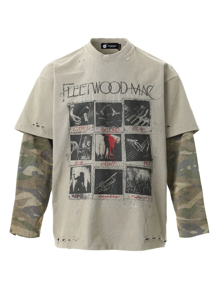 Man Long Sleeve T-shirt 2025 Autumn New Real Shot Retro Street-Style Fake Two Piece Vintage Washed Long Sleeve T Shirt