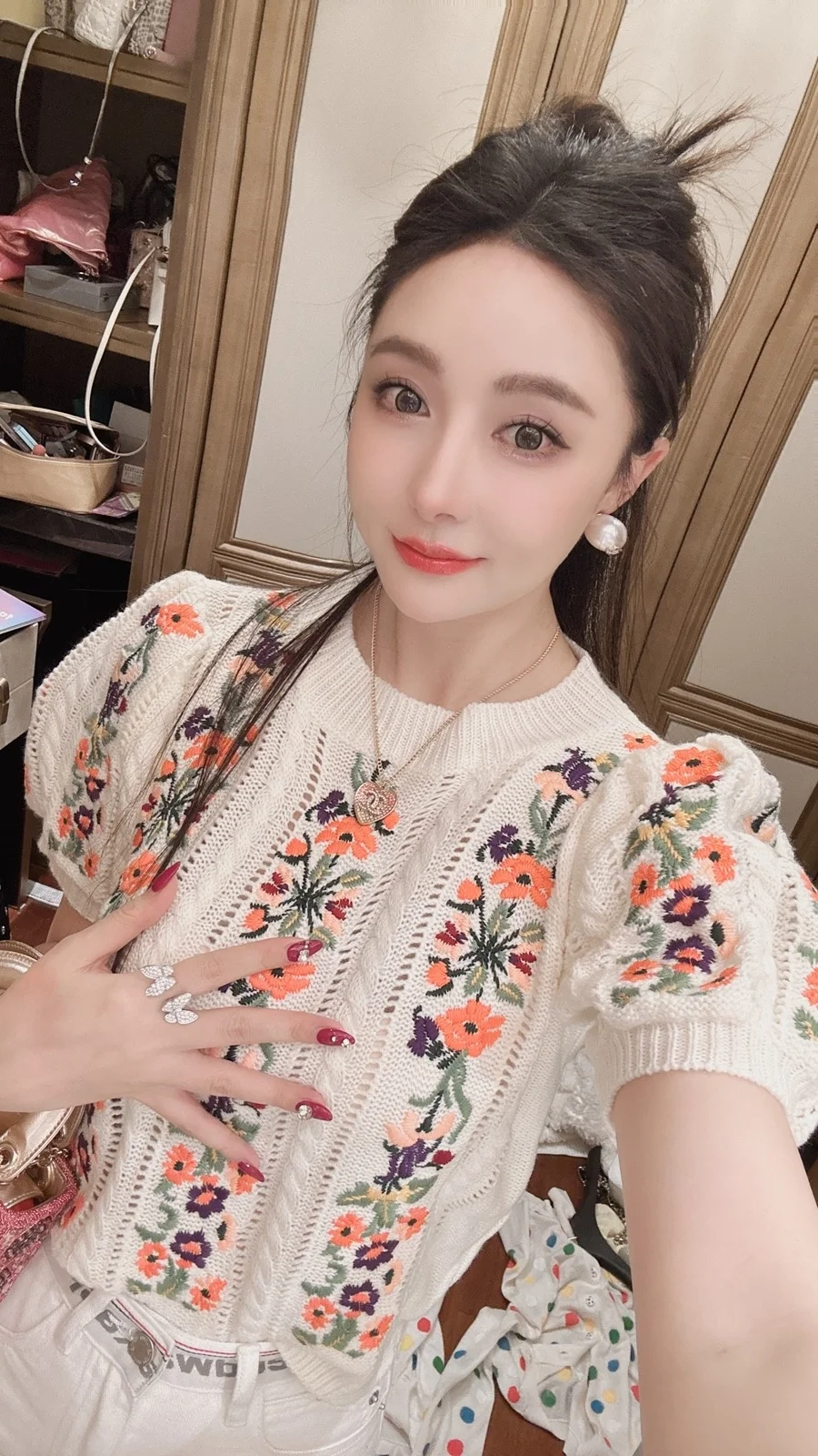 Vintage Elegant Embroidered Knitted Sweater Tshirt Women Summer Puff Sleeve O-neck Tops Pullovers Stylish Fashion Chic Knitwear