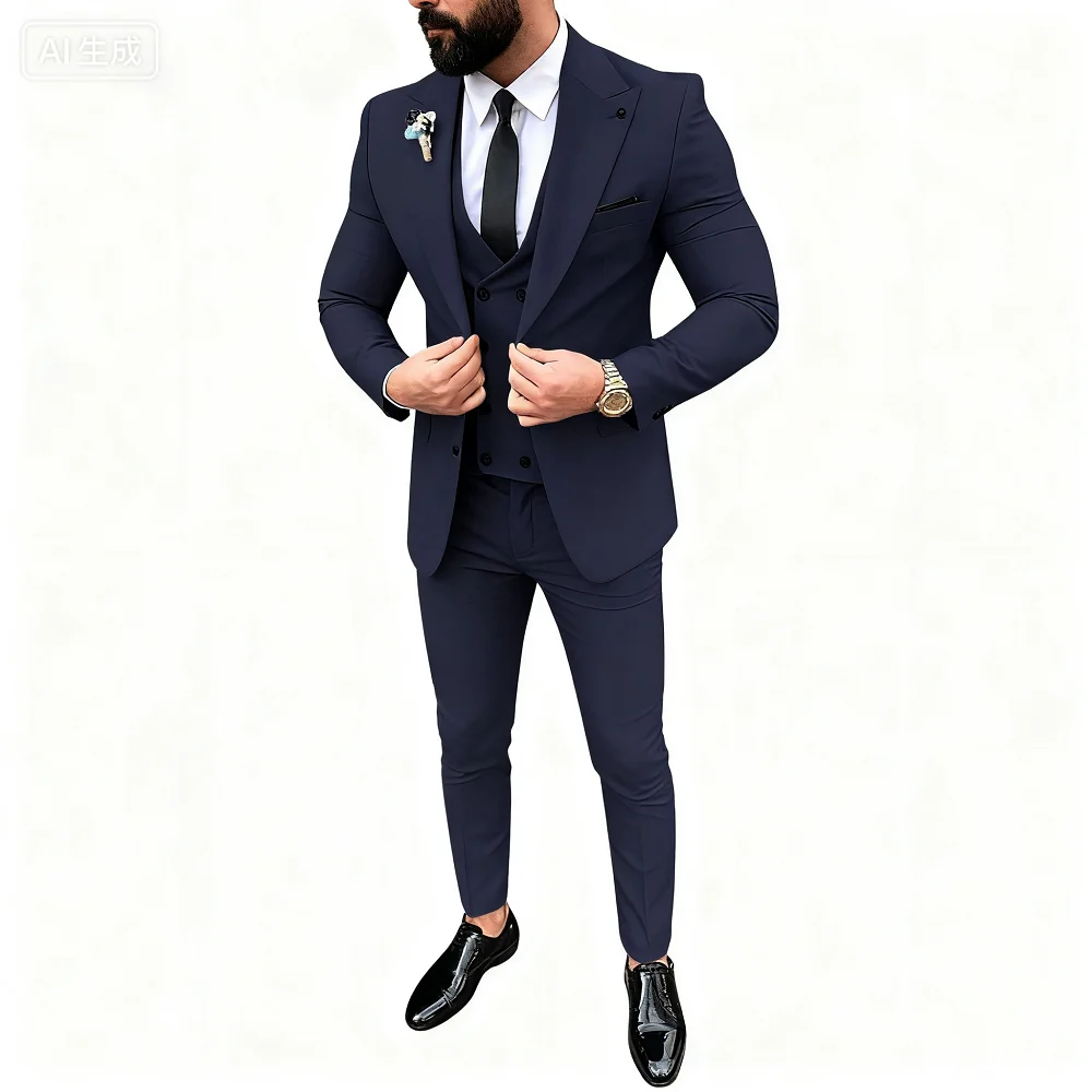 

3PCS Men's Tuxedo Suits Set with Peak Lapel Blazer Double Breasted Vest And Pants for Wedding And Business Casual Occasions