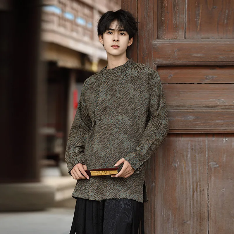 Jas Tang Pria Muda Gaya Cina Baru, Sensasi Mewah dengan Bordir Pola Ular Piton, Kerah Bulat, Kancing Samping, Model Dao...