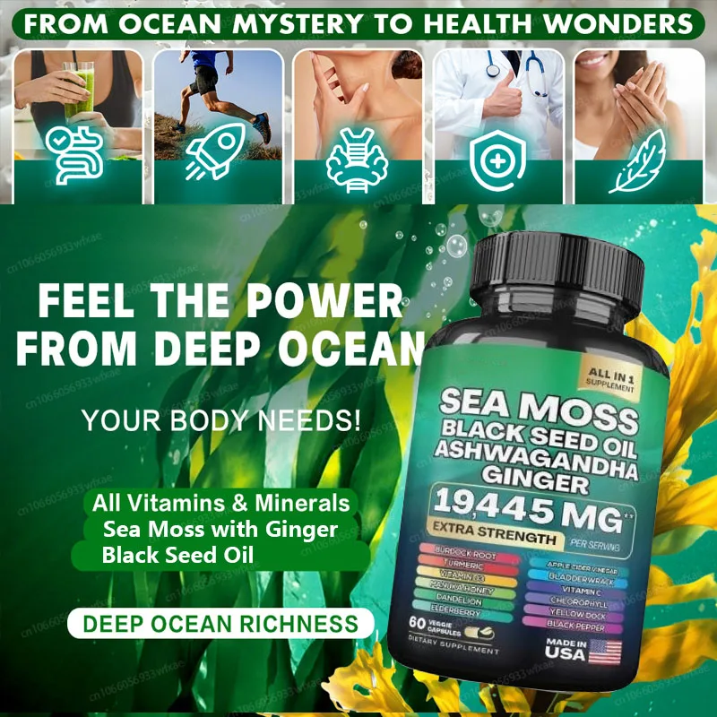 

Sea Moss Capsule Black Seed Oil Ashwagandha Boost Energy and Muscle Mass Immune System Energy Gut Health Skin & Joint Support