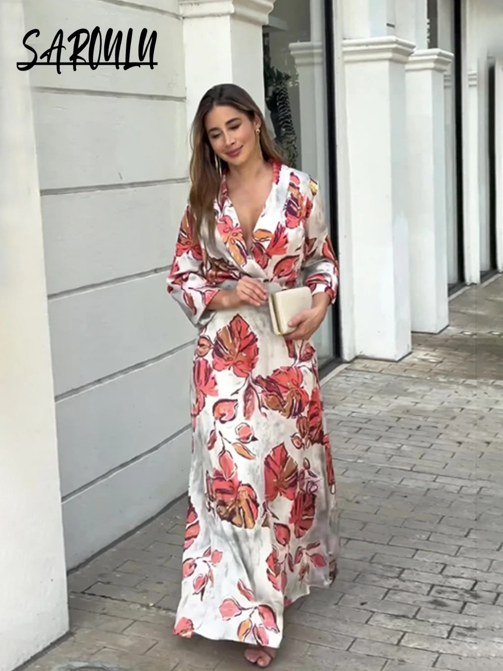 

Delicate Floral Printing A Line Evening Dress, Daily V Neck Shopping Women Gowns, Romantic S-2XL Long Sleeves Party Wear