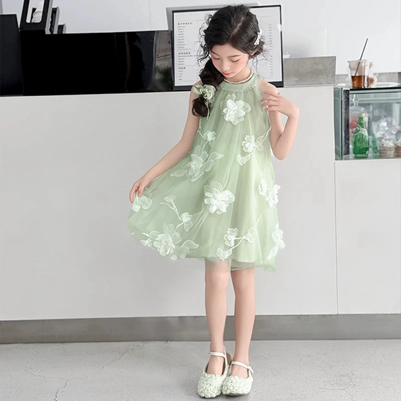 Vestido Halter de Tule Floral Verde para Meninas, Elegante com Flores 3D, Roupa de Princesa de Verão para Festa, Novo Vestido Macio Y2K 2026