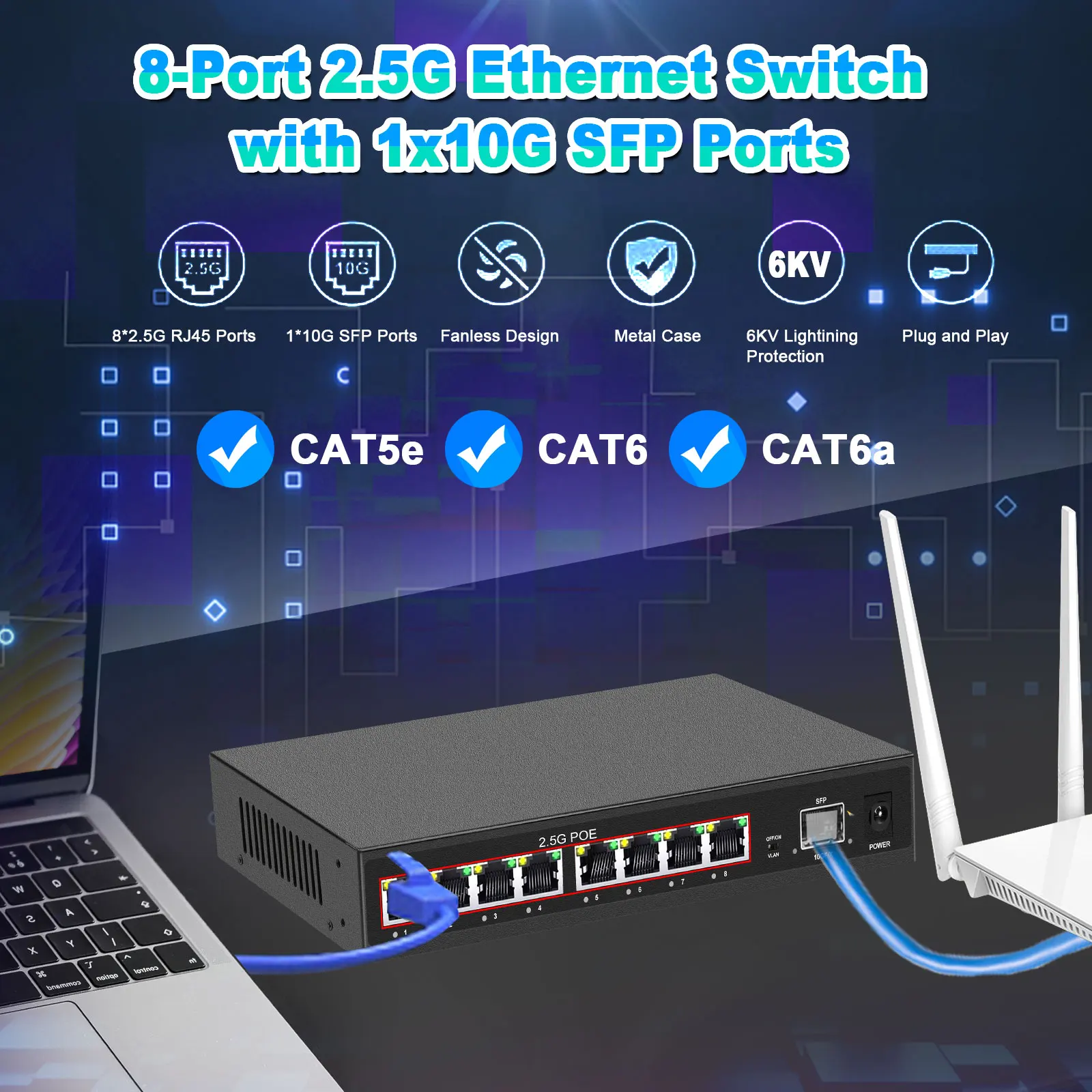 Switch Gigabit Switch POE a 8 porte 2.5Gbps + Switch Ethernet 10G SFP a 1 porta Switch di rete Hub LAN non gestito per AP Wireless VDI
