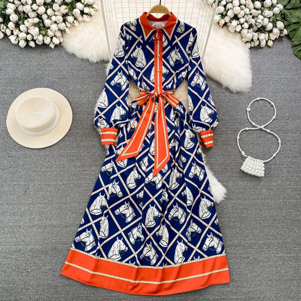 Fashion Designer Plaid Animal Horse Print Maxi Dress Women\'s Lapel Long Sleeve Bow Lace Up Contrast Color Long Robe Vestidos