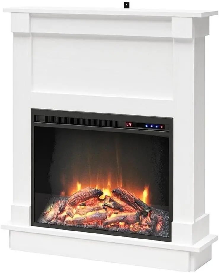 Chimenea Ellsworth con repisa, blanco: acogedor calentador eléctrico para el hogar y la cocina, 400 m2. pies. Calefacción, Control Remoto, Neutro