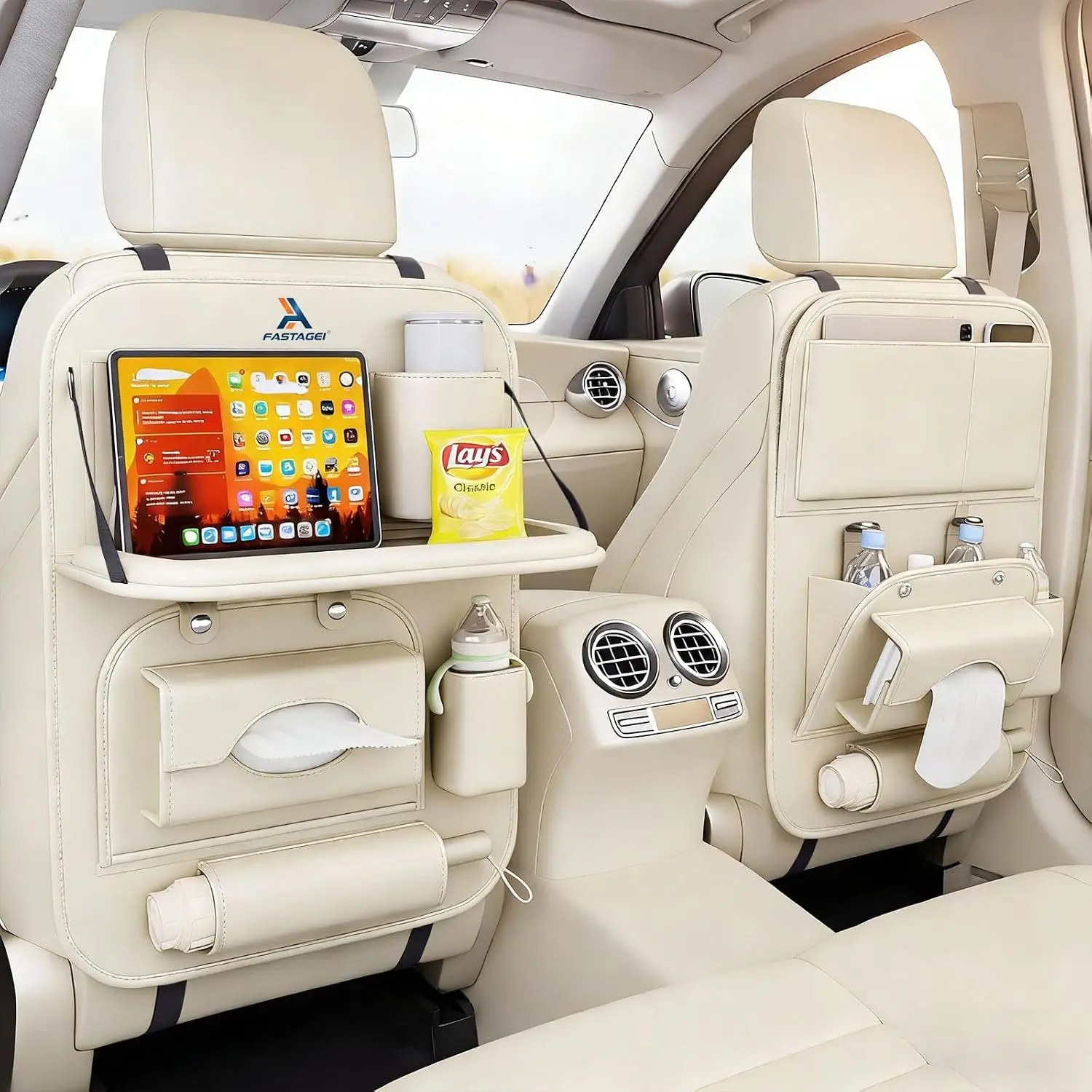 Universal Premium Leather Foldable Car Backseat Organizer with Table Tray, Car Seat Back Protector with Garbage Bag Touch Screen