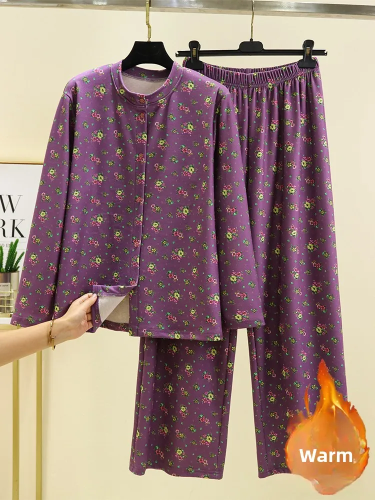 

Fleece Lined Cardigan Warm Set Women's Autumn Winter Home Wear Print Sleepwear for Middle Aged And Elderly Mothers