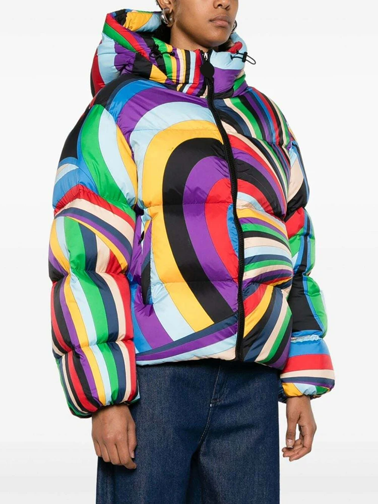 Winter Fashion Outdoors Vintage Pattern Print Casual Warm Down Jacket Women's Hooded Straight Barrel Long Sleeve Pockets Jacket