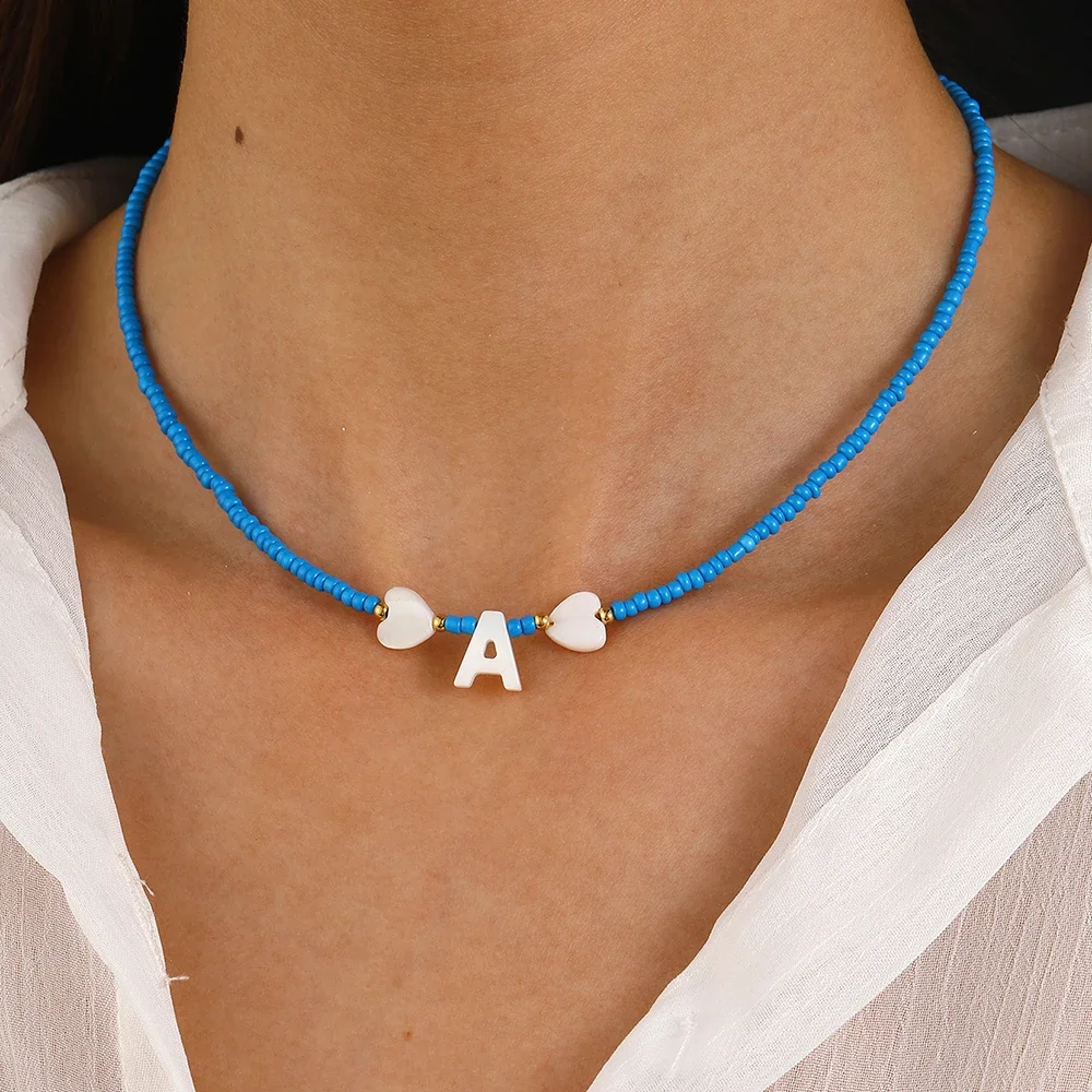 Bohemian style Choker neck Women necklace Beike Initial Letter blue Rice Bead Necklaces Women's jewelry Birthday Gifts  trend