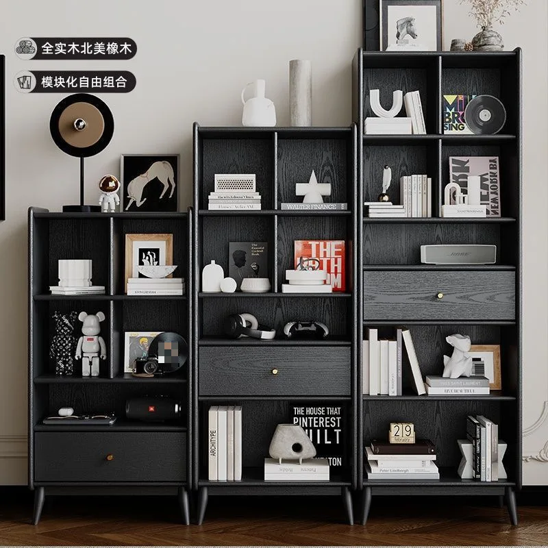 Bücherregal aus massivem Holz, schwarzes Retro-Bücherregal aus Eichenholz, leichtes, luxuriöses mittelalterliches Wohnzimmer, amerikanische Vertikalschrankvitrine,