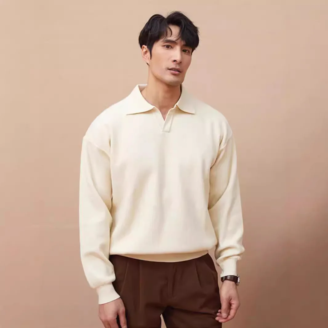 

Men's Autumn Winter V-Neck Knitted Pullover Business Turn Collar Long Sleeve Sweatshirt American Style Waffle Ribbed Polo Shirt