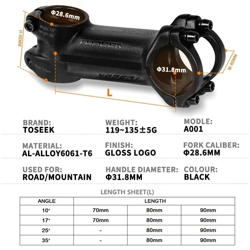 TOSEEK MTB Bicycle Handlebar Stem 10 17 25 35 Degree Aluminum Mtb Stem 70 80 90mm Mtb Power 31.8mm Mtb Bike Table Bicycle Parts