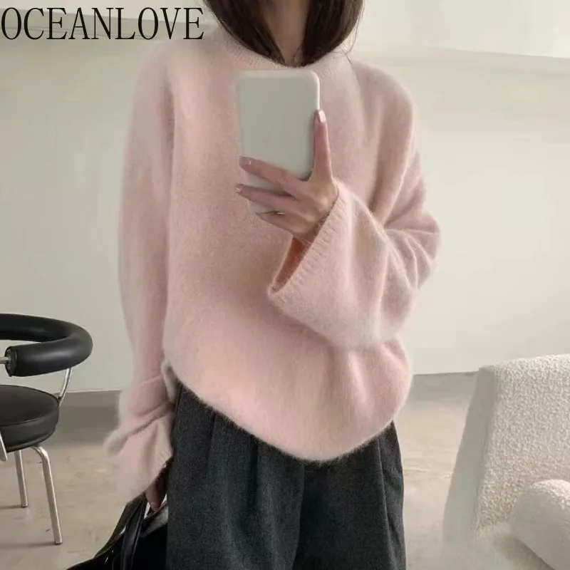 

OCEANLOVE Pink Mink Cashmere Woman Sweaters Loose Thick Warm Sweet Pullovers Korean Fashion Elegant Autumn Winter Pull Femme
