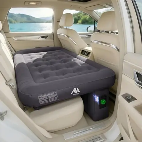 Car Air Mattress for Back Seat Use, PVC Material, Gray Color, Built-in Cordless Rechargeable Pump Integrated Pillow Support for