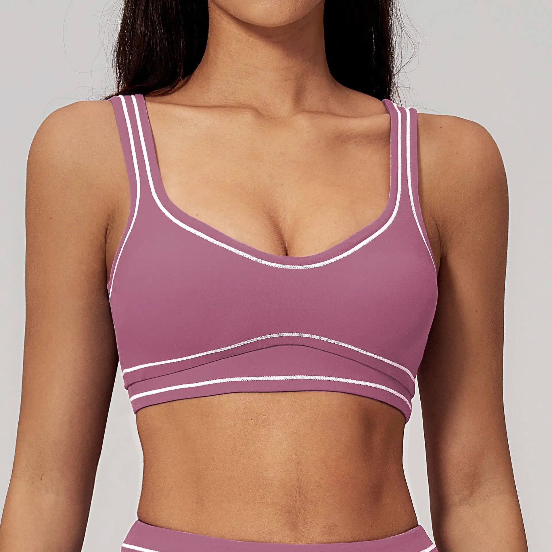 Farbblockierender Stoßdämpfender Lauf- und Yoga-BH für Damen mit Herausnehmbaren Brustpolstern, Raffung und Stoßschutz, Workout-Top, Sport-BH – Detail 15