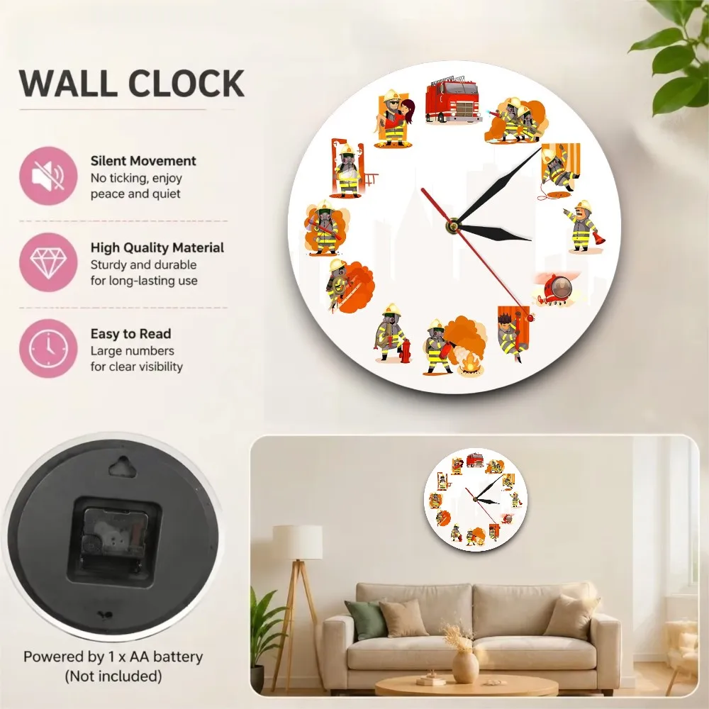 Cartoon Firefighter Fire Truck Wall Clock Silent Quartz Movement Cute Rescue Hero Acrylic UV Printed Kids Room Decor