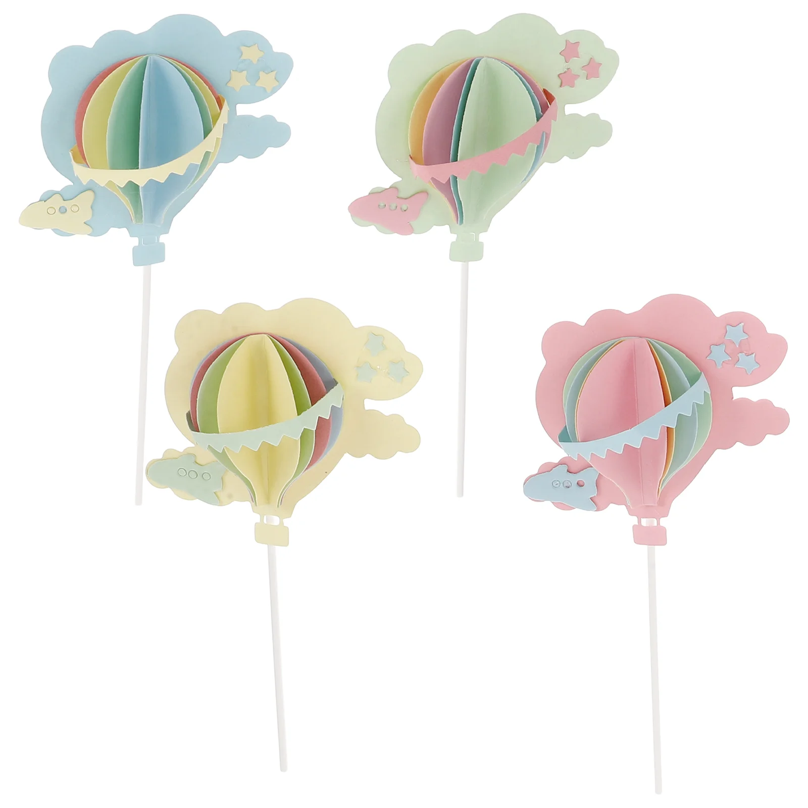 4pcs 3D Clouds Hot Air Balloons Cake Topper Party Cake Pick Cake Decorations (Blue, Pink, Yellow, Green)