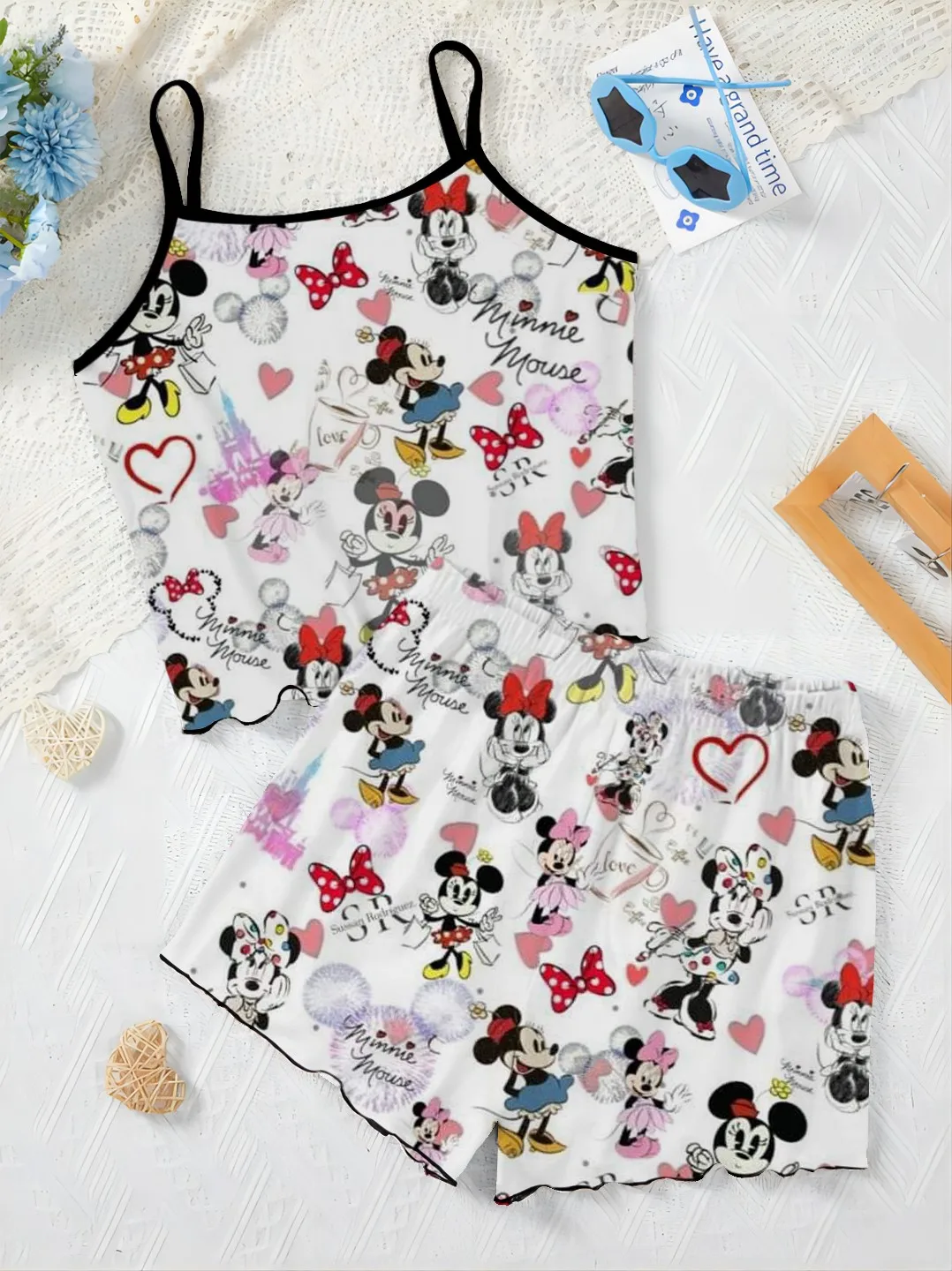 Ensembles courts Disney pour femmes, jupe pyjama 2 pièces, robe à enfiler, t-shirt à garniture de laitue supérieure, Minnie Mous