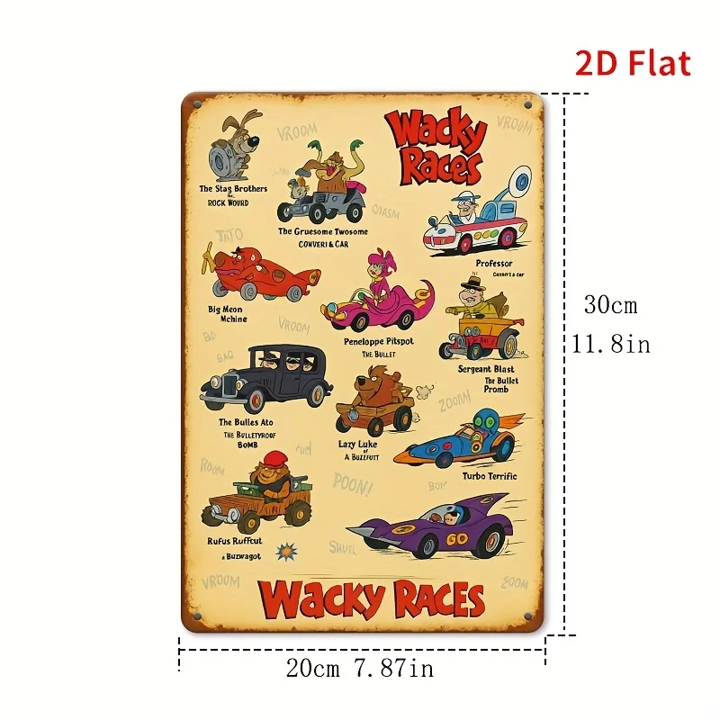 [2D Flat] 1pc Wacky Races Metal Wall Art Plaque - 8x12 Inch Vintage Car Racing Scene Decor with 
