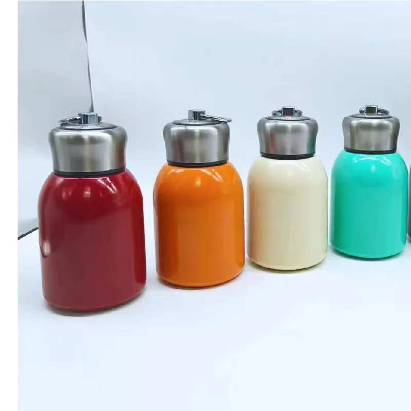 300ml Mini Chubby 304 Stainless Steel Vacuum Flask, Portable Pocket Thermos with Metal Carry Ring