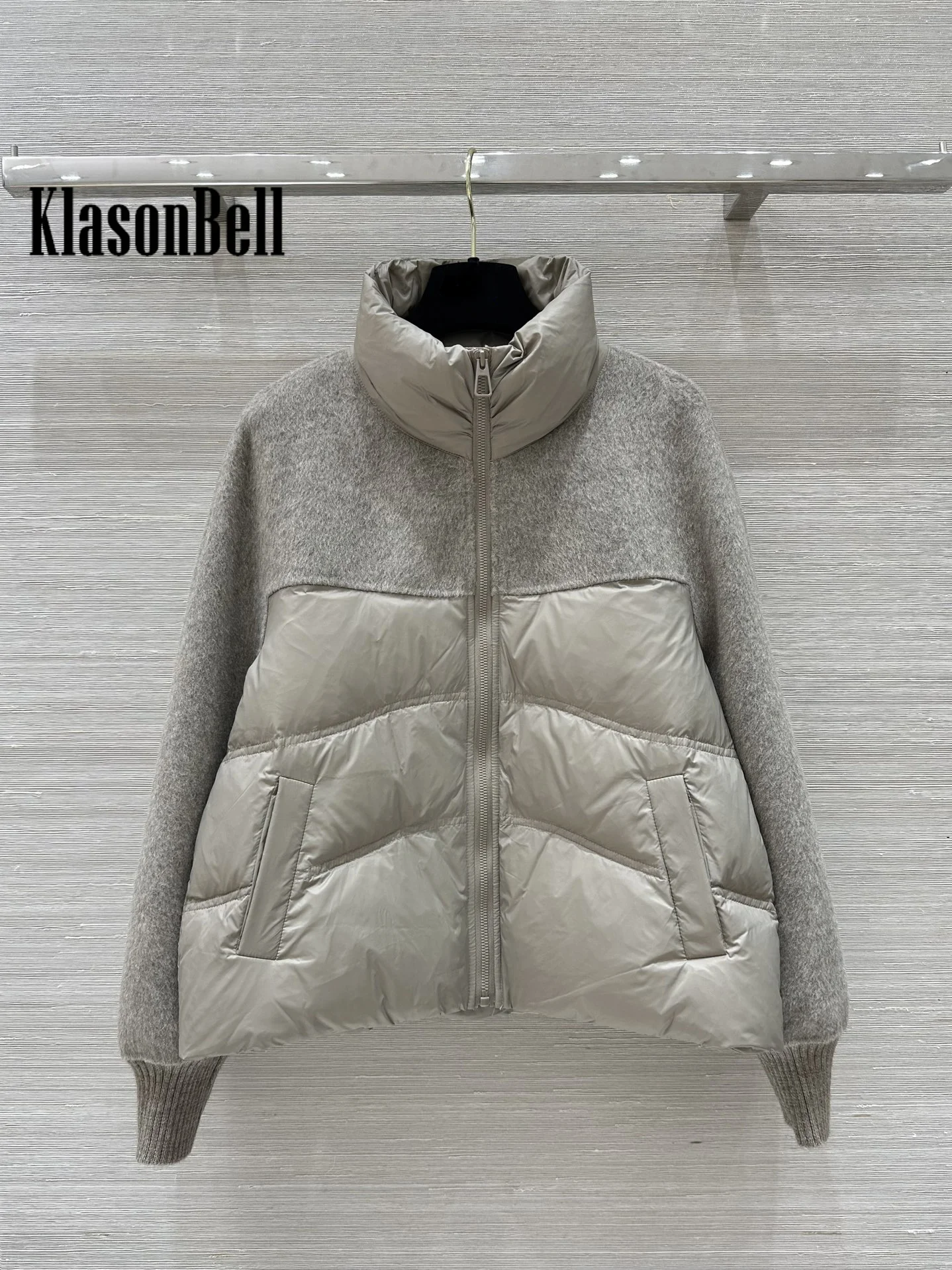 10.7 KlasonBell-Women 2024 Autumn Winter New Double-Sided Wool Spliced Design Short Down Outerwear Stand Collar Zipper Jacket