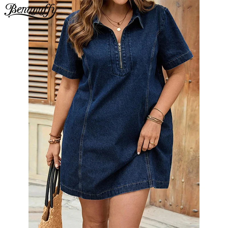 

Benuynffy Plus Size Turn-Down Collar Zipper Front Denim Dress Women Summer Short Sleeved Street Casual Straight Mini Dresses