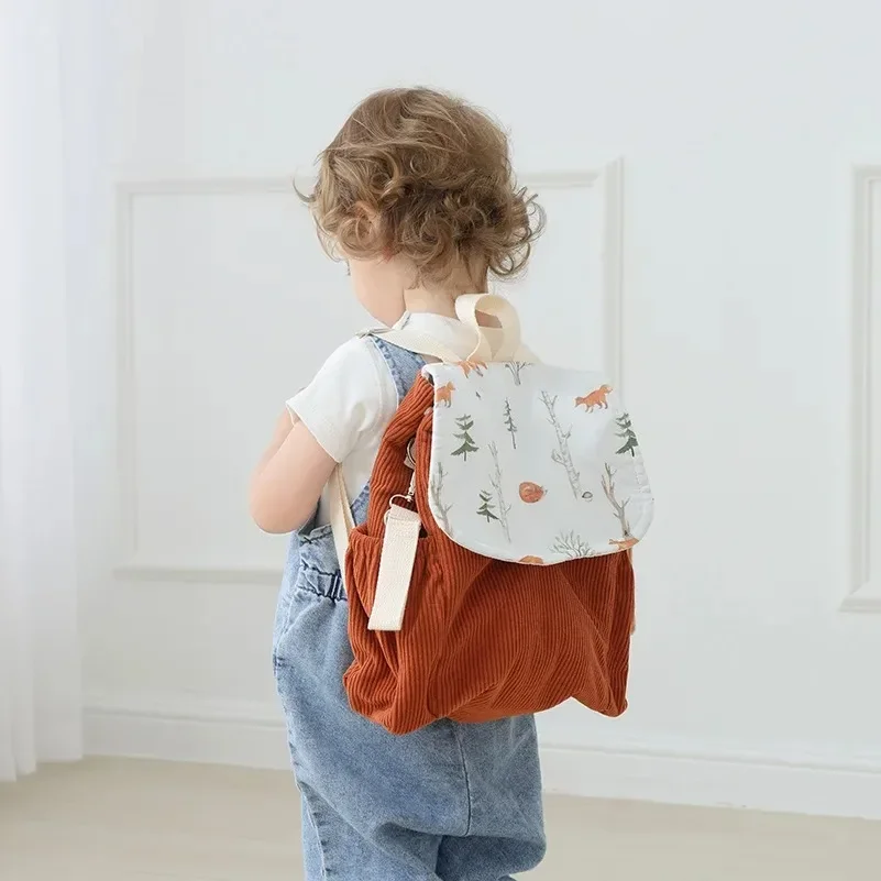 Corduroy Backpack with Cute Cartoon Print Embroidered Design for Kids Kindergarten girls' school backpack