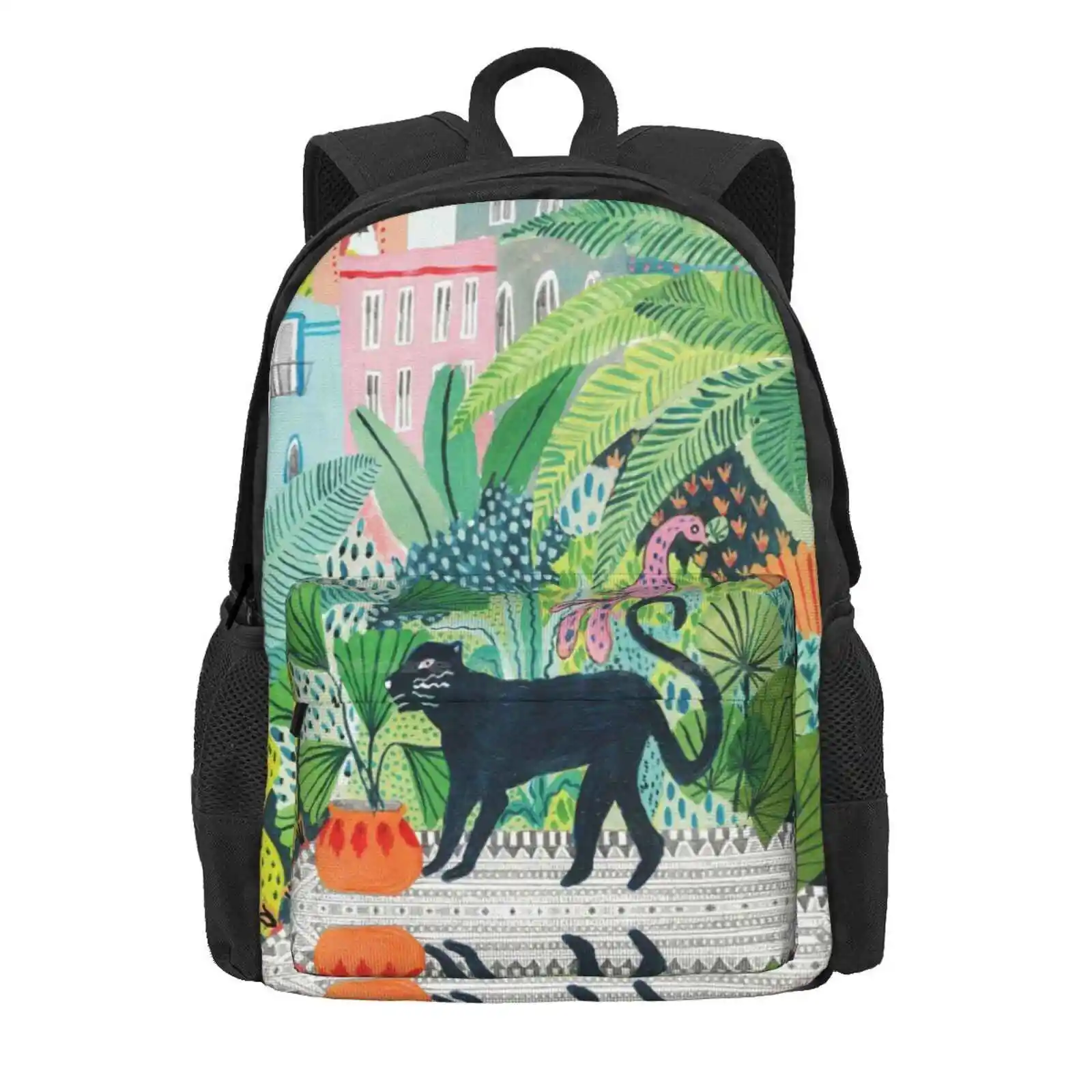 Jungle Panther Hot Sale Schoolbag Backpack Fashion Bags Jungle Botanical Tropical Rainforest Boho Bohemian Cat Mitty Panther