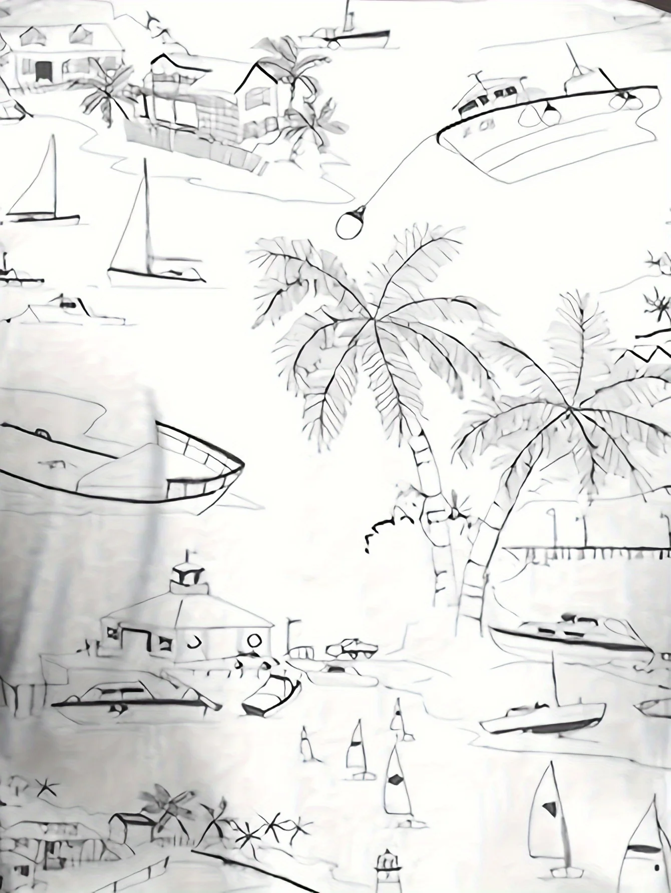 Men's shirt with unique design.Sketch-style men's shirt featuring coconut tree and sailboat patterns. Short-sleeved button-down