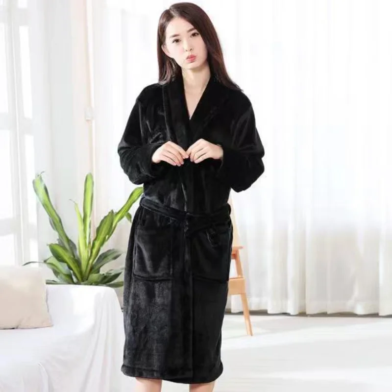 Women Coral Velvet Bathrobe Winter Flannel Dressing Robe Long Sleeve Extra Long Bathrobe Plus Size Hotel Lounge Sleepwear